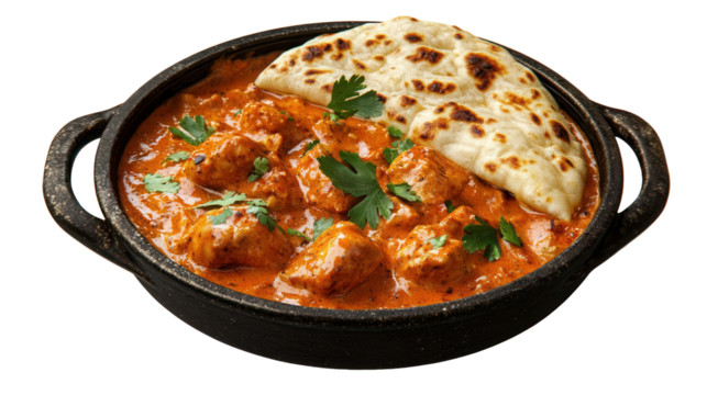 A dish of chicken tikka masala with naan bread on transparent background - Powered by Adobe