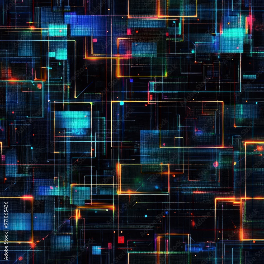 Poster a vibrant abstract digital background featuring glowing geometric shapes and luminous lines in a dar