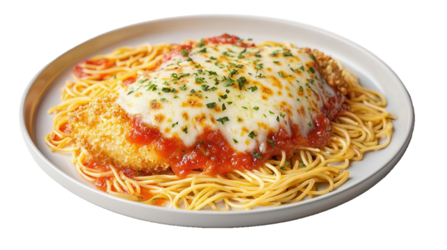 A plate of chicken Parmesan with spaghetti on transparent background