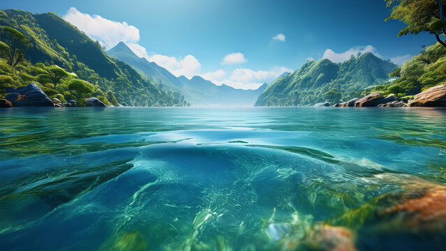 Rio de &aacute;guas calmas, esverdeadas transparentes. Fundo com montanhas verdes, c&eacute;u azul com poucas nuvens. &Aacute;guas correntes, l&iacute;mpidas e cristalinas. Rio calmo.