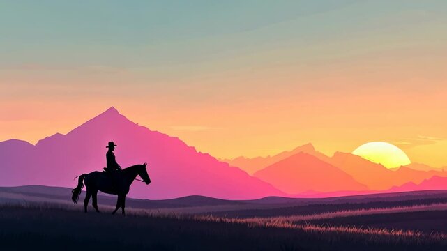 A silhouette of a cowboy riding a horse against a vibrant sunset in a tranquil landscape.