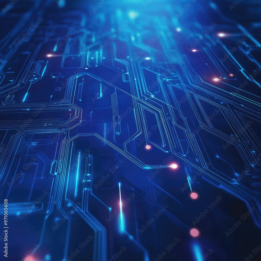 Poster abstract close-up of a futuristic circuit board with glowing blue lines and dots, representing techn