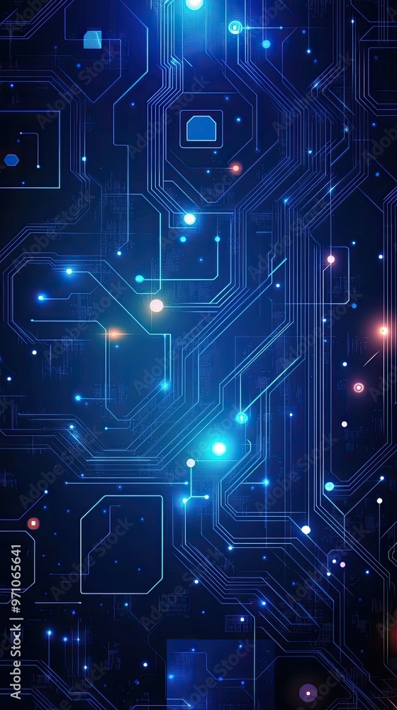 Poster abstract blue circuit board background with glowing lights and digital patterns, ideal for technolog