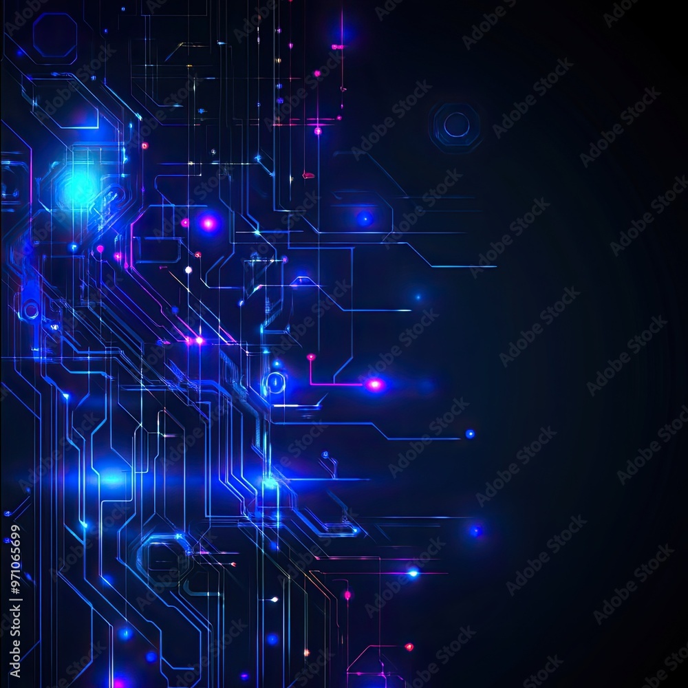 Poster abstract technology background with glowing lines and circuits in blue tones, ideal for digital and 
