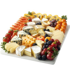 A platter of assorted cheeses and fruits on transparent background