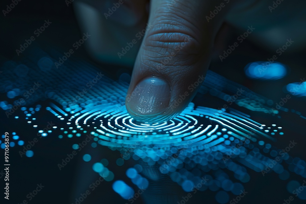 Poster finger is scanning for security access by pressing down on a digital fingerprint scanner