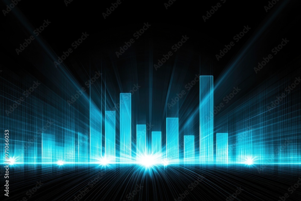 Poster dynamic sound wave visualization in vibrant blue, representing audio frequencies with a futuristic g