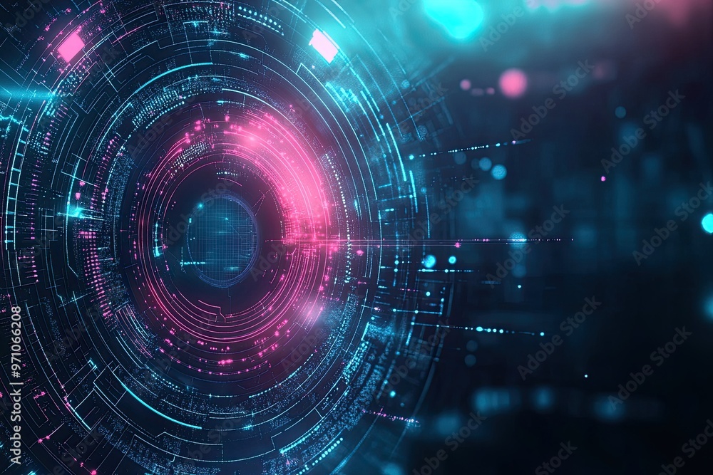 Poster futuristic abstract background featuring glowing circles and digital particles in vibrant colors, id
