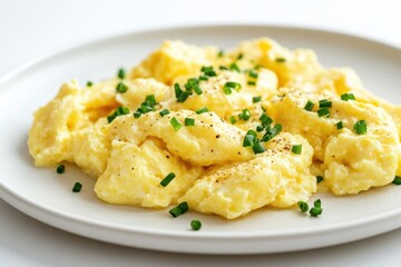 A plate of creamy scrambled eggs garnished with chopped chives and black pepper.