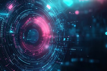 Obraz premium Futuristic abstract background featuring glowing circles and digital particles in vibrant colors, ideal for tech and innovation themes.