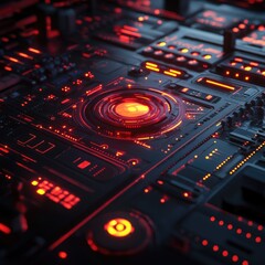 Obraz premium Futuristic control panel with glowing red lights and intricate designs, showcasing advanced technology and innovation.