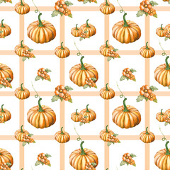 Seamless pattern with geometric stripes and pumpkins and flowers. A beautiful seamless watercolor pattern for tablecloths, packaging and more. Autumn pumpkins