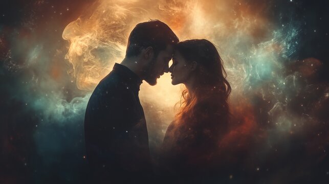 A man and woman in love, their faces touching as they stand facing each other with the backdrop of an ethereal nebula
