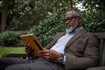 Fototapeta premium A well-dressed businessman engrossed in reading from his tablet while sitting on a park bench, surrounded by lush greenery in a tranquil and serene outdoor setting.
