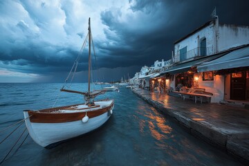 A quaint seaside village scene featuring an old, wooden boat docked along a weathered pier with charming houses, set against a dramatic and cloudy sky backdrop.
