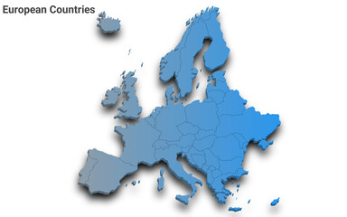 3d render map of Europe all Country with borders and regions, Europe continent administrative map with color on white background. EU, European countries map