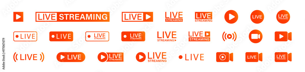 Poster live and live streaming icons set. play button and video broadcasting logo. red and orange gradient 