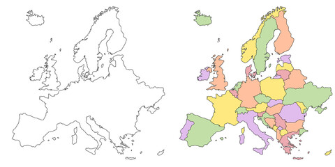 Europe regions administrative map, Europe outline and countries map set - illustration version. Europe continent country series