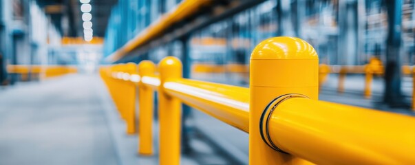 Bright yellow safety railing in a modern industrial environment, providing security and structure in a warehouse setting.