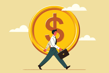 Financial success, financial investment, achieving success, Businessman walking under gold dollar in the middle of nature