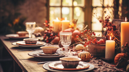 Rustic Thanksgiving table setting featuring autumnal decorations, candles, and dinnerware, creating a warm, inviting seasonal dining atmosphere.
