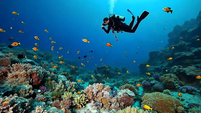 Scuba Diver Exploring a Coral Reef