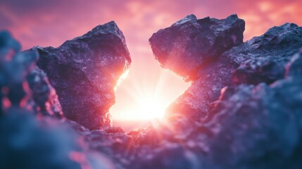 A close-up of a large, heavy stone cracking open to reveal a bright, pastel-colored light inside. The crack symbolizes breaking free from addiction