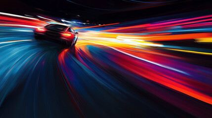 A car zooms down a dark road at night.  The headlights cut through the darkness, and the road markings blur into streaks of color.
