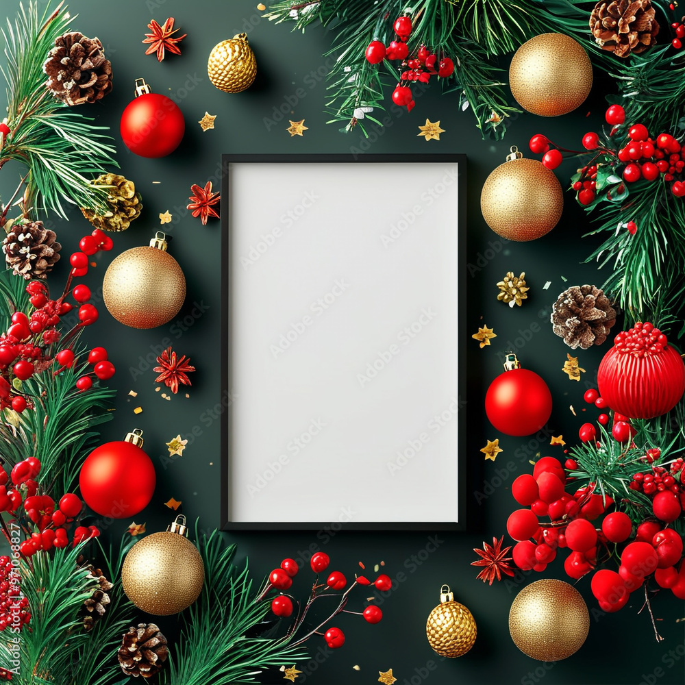 Canvas Prints a frame with christmas decorations on it and a green background