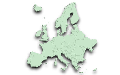 3d render map of Europe all Country with borders and regions, Europe continent administrative map with color on white background. EU, European countries map