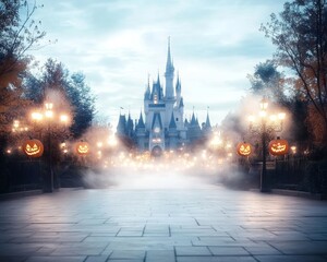 Spooky Halloween carnival in front of a castle glowing lanterns and fog