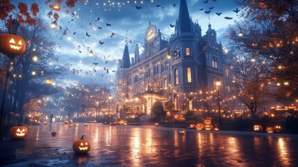 Obraz premium Spooky Halloween fair in front of an old town hall cobwebs hanging from the building