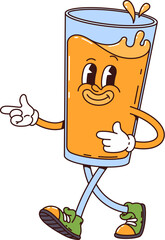 Glass of orange juice retro groovy breakfast character with playful expression, pointing with hands and splashing. Fresh fruit drink, fun and lively cartoon beverage personage wears green sneakers © Buch&Bee