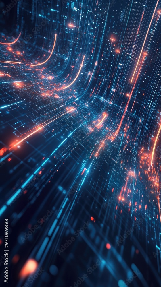 Wall mural vibrant digital abstract design featuring glowing lines and particles, representing technology and f