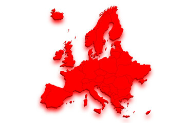 3D red neon map of Europe continent with countries on white background