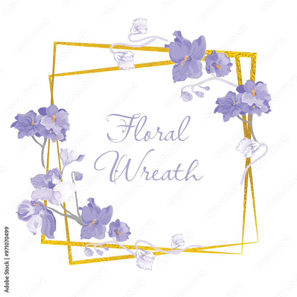Fototapete isolated wreath with fully colored parts of african violets and square golden frames underneath. vin