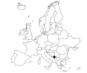 Map of Montenegro Country in Europe continent on white background. single Country map highlighted by black colour on Europe map. European Continent, EU