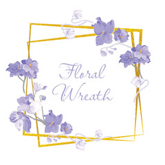 Isolated wreath with fully colored parts of African violets and square golden frames underneath. Vintage color flower parts on the white background. Sample text in the center of the composition.