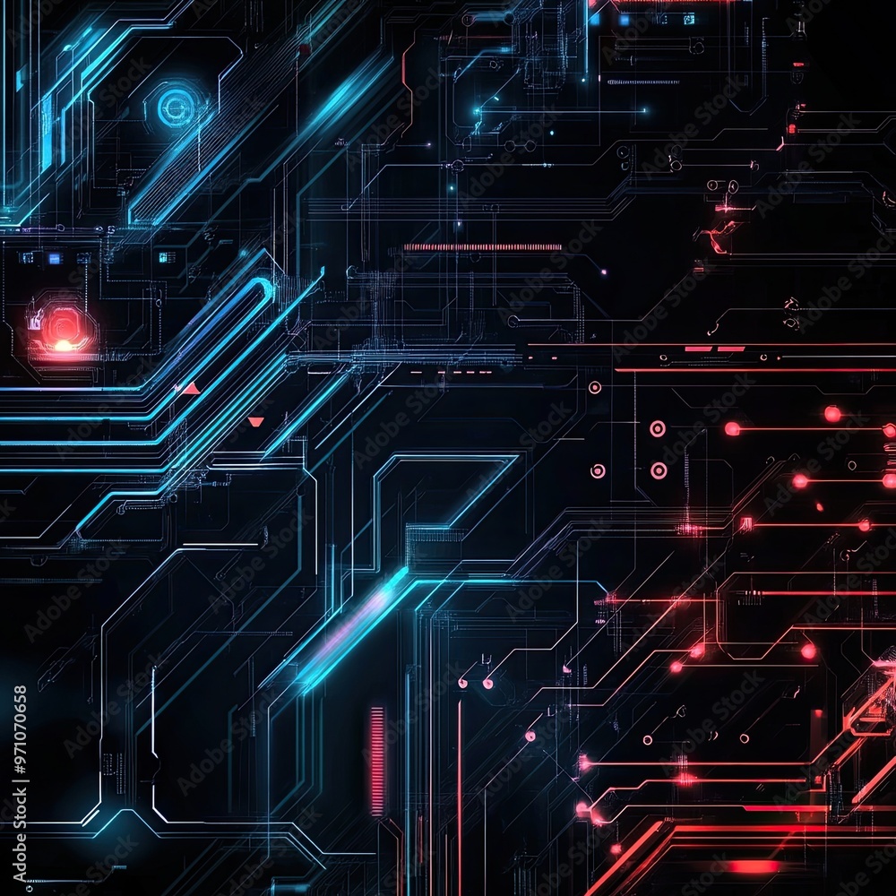 Sticker futuristic abstract circuitry design featuring glowing lines and shapes in blue and red on a dark ba