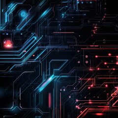 Fototapeta premium Futuristic abstract circuitry design featuring glowing lines and shapes in blue and red on a dark background.