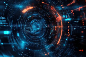 Futuristic abstract design featuring glowing lines and patterns in vibrant blue and orange hues, creating a dynamic visual effect.