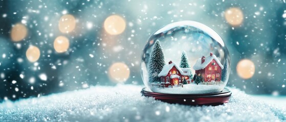 Fototapeta premium A charming snow globe featuring a cozy winter scene with houses and trees surrounded by falling snowflakes.