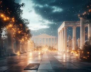 Spooky Halloween night in an ancient Greek ruin pillars draped in orange lights