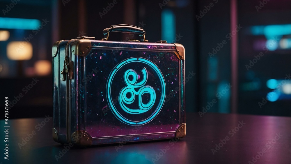 Poster holographic briefcase with labh pancham symbol and copy space - futuristic design with soft glow