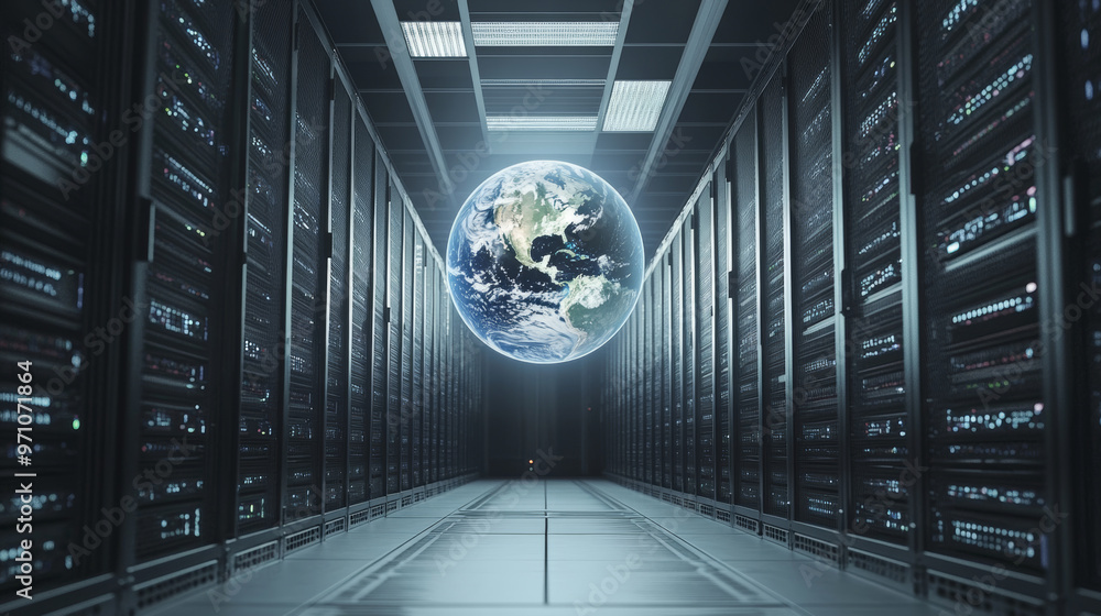 Poster a computer-generated image shows a white, digital earth hovering above a server room filled with com