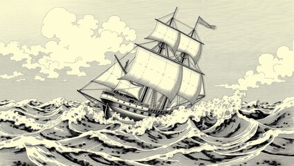 Vintage Ship Sailing Through Stormy Sea  Nautical Illustration