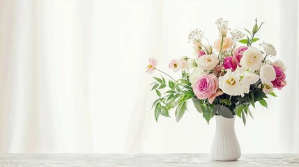 Fototapeta premium Fresh Floral Wedding Arrangement on Table Against a White Background Showcasing the Beauty of a Stunning Bouquet