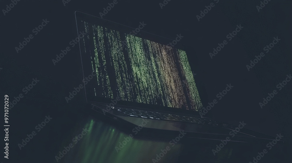 Poster a dark laptop with glowing, abstract patterns on its screen. this image represents the dangers of cy