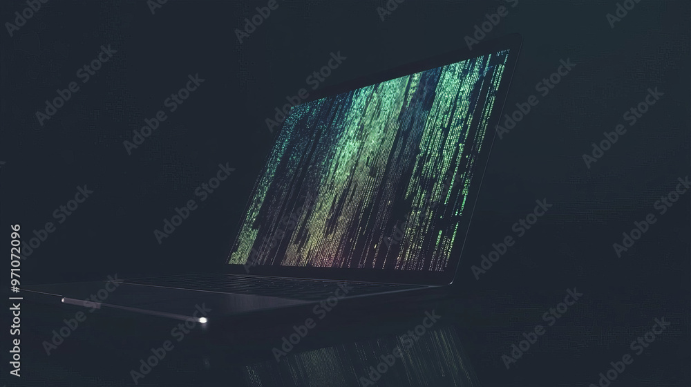 Poster a dark laptop with glowing, abstract patterns on its screen. this image represents the dangers of cy