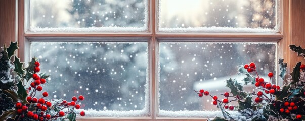 A cozy winter scene featuring snow falling outside a window framed with holly and berries, perfect for holiday vibes.